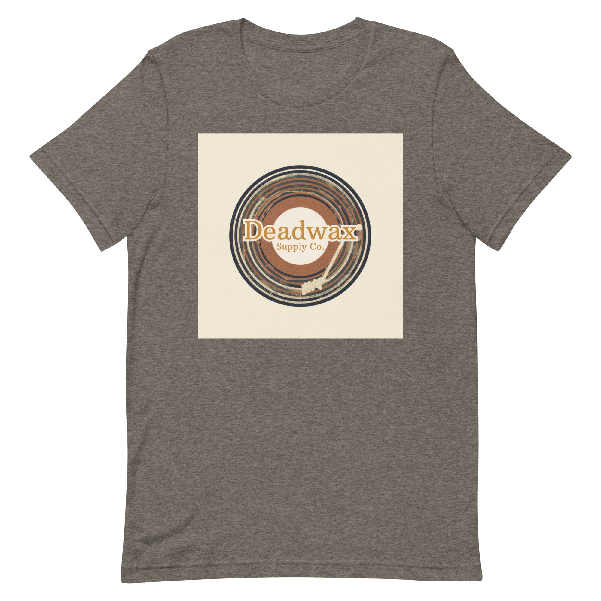 Deadwax Tonearm Tee in deep heather – vinyl record collector t-shirt with tonearm and record logo