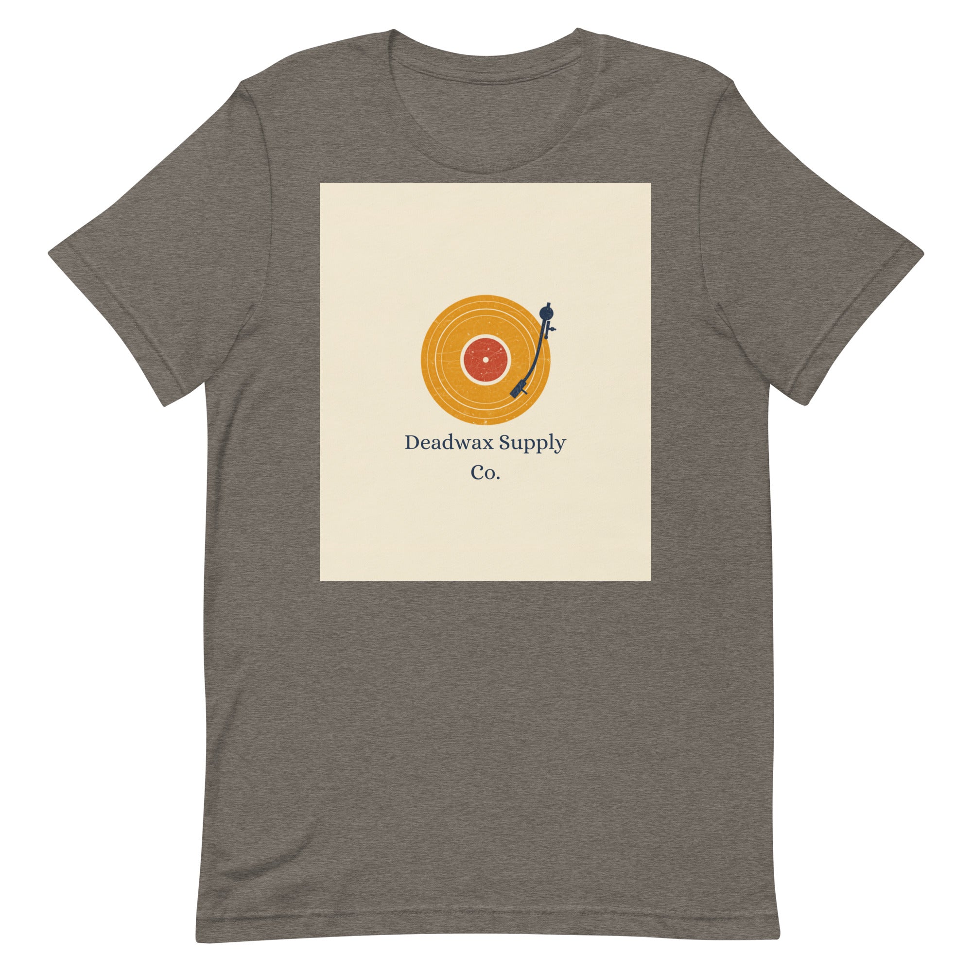 Deadwax Tonearm Tee in deep heather – vinyl record collector t-shirt with tonearm and record logo