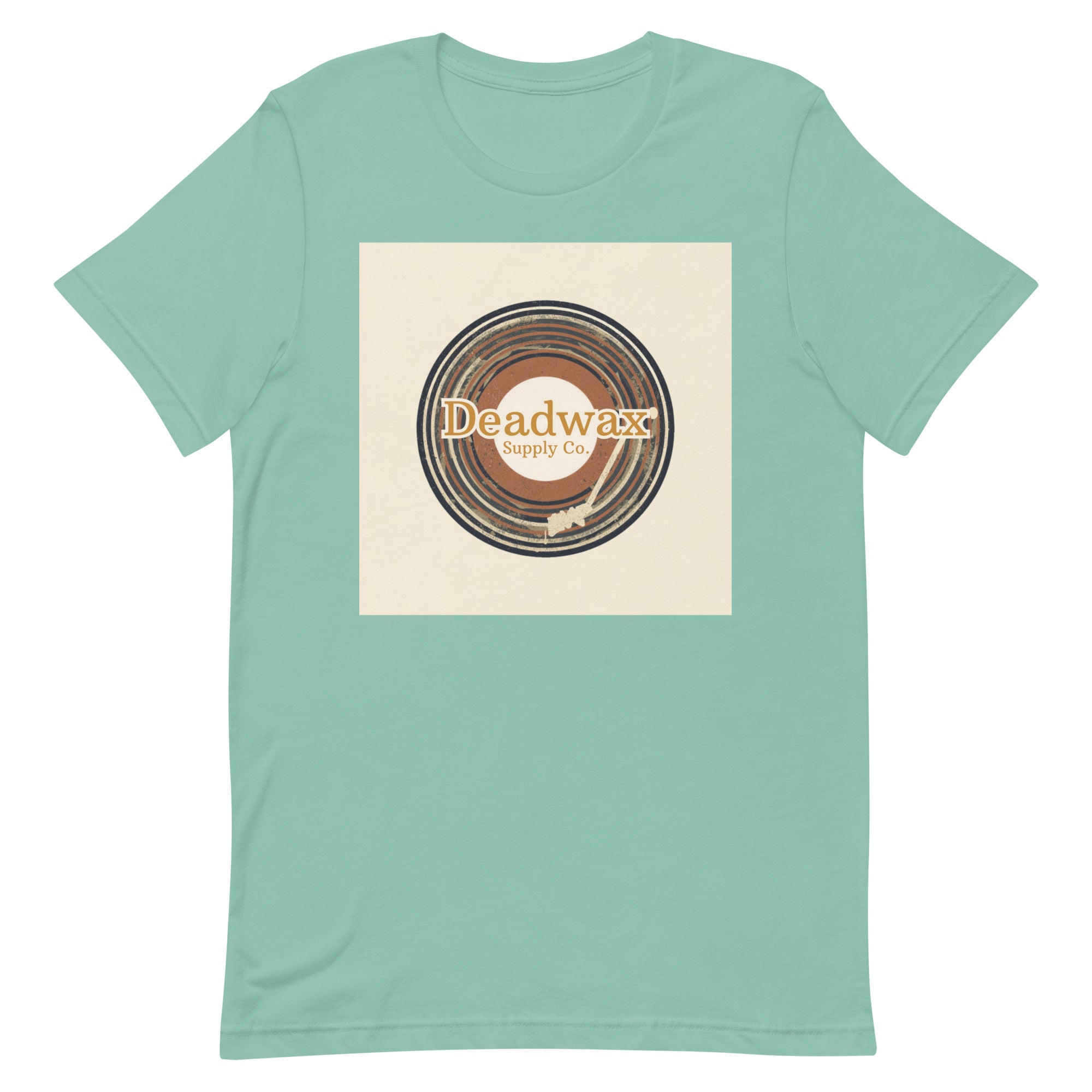 Deadwax Tonearm Tee in dusty blue – vinyl record collector t-shirt with tonearm and record logo