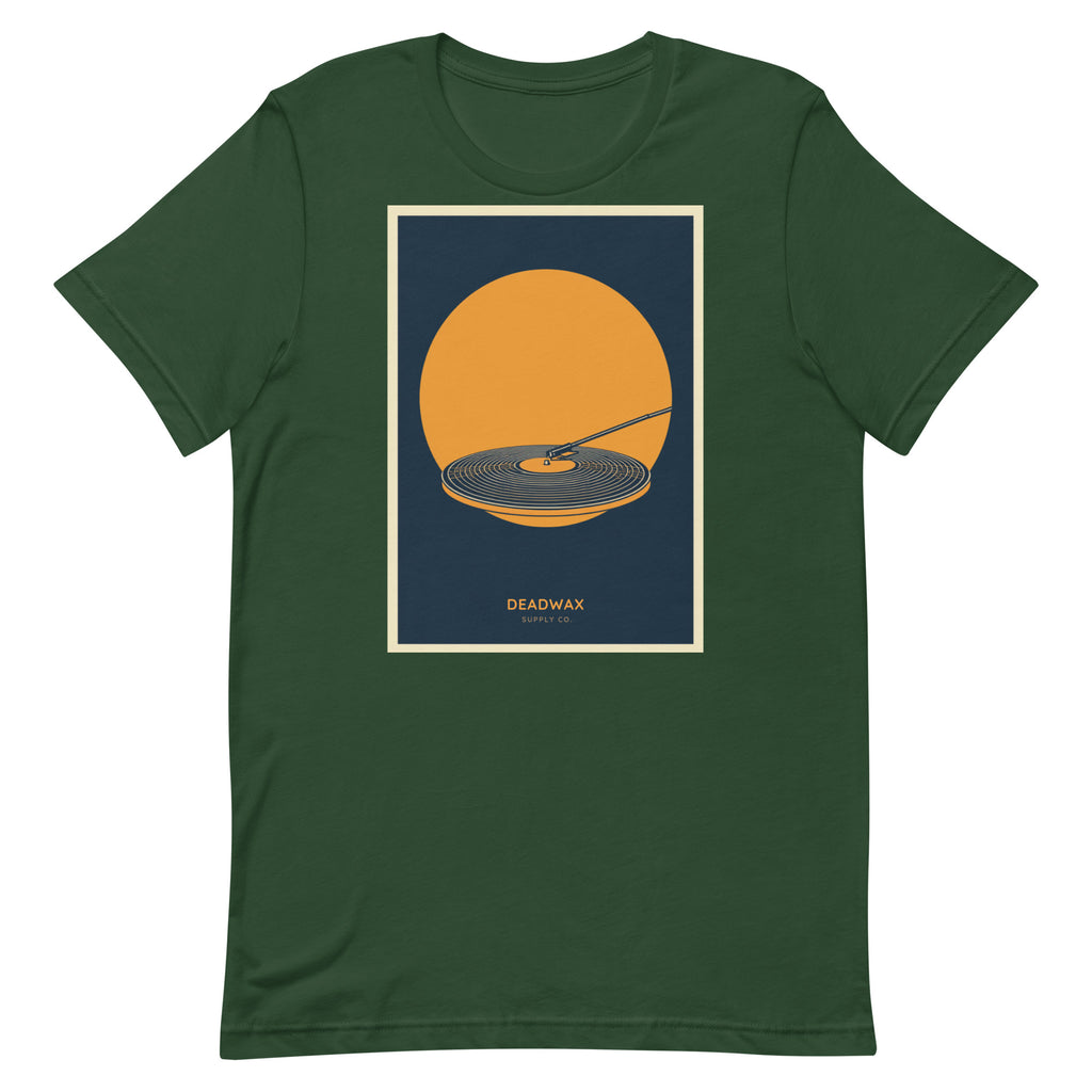 Deadwax Tonearm Tee in forest – vinyl record collector t-shirt with tonearm and record logo