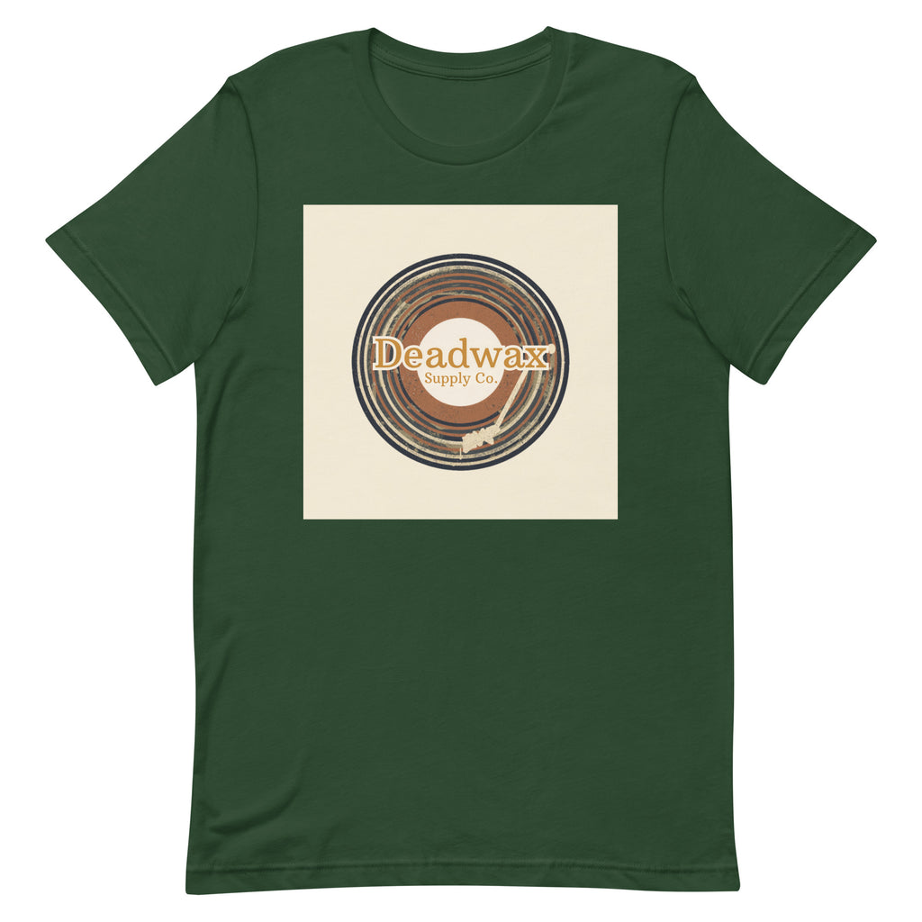 Deadwax Tonearm Tee in forest – vinyl record collector t-shirt with tonearm and record logo