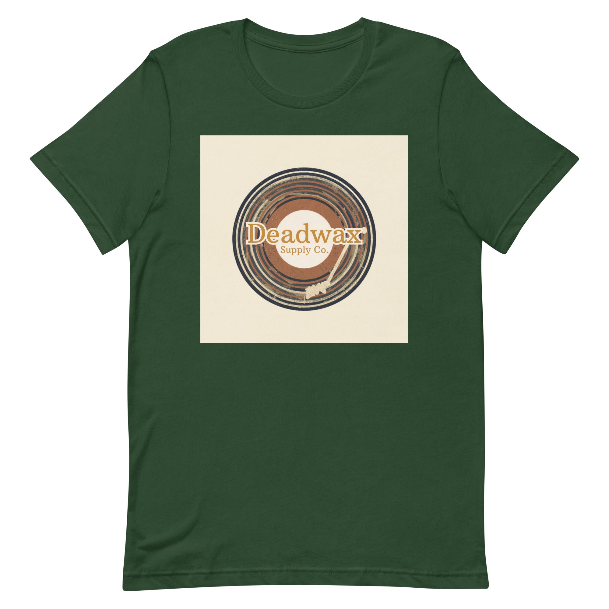 Deadwax Tonearm Tee in forest – vinyl record collector t-shirt with tonearm and record logo