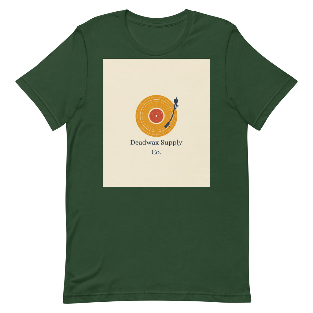 Deadwax Tonearm Tee in forest – vinyl record collector t-shirt with tonearm and record logo