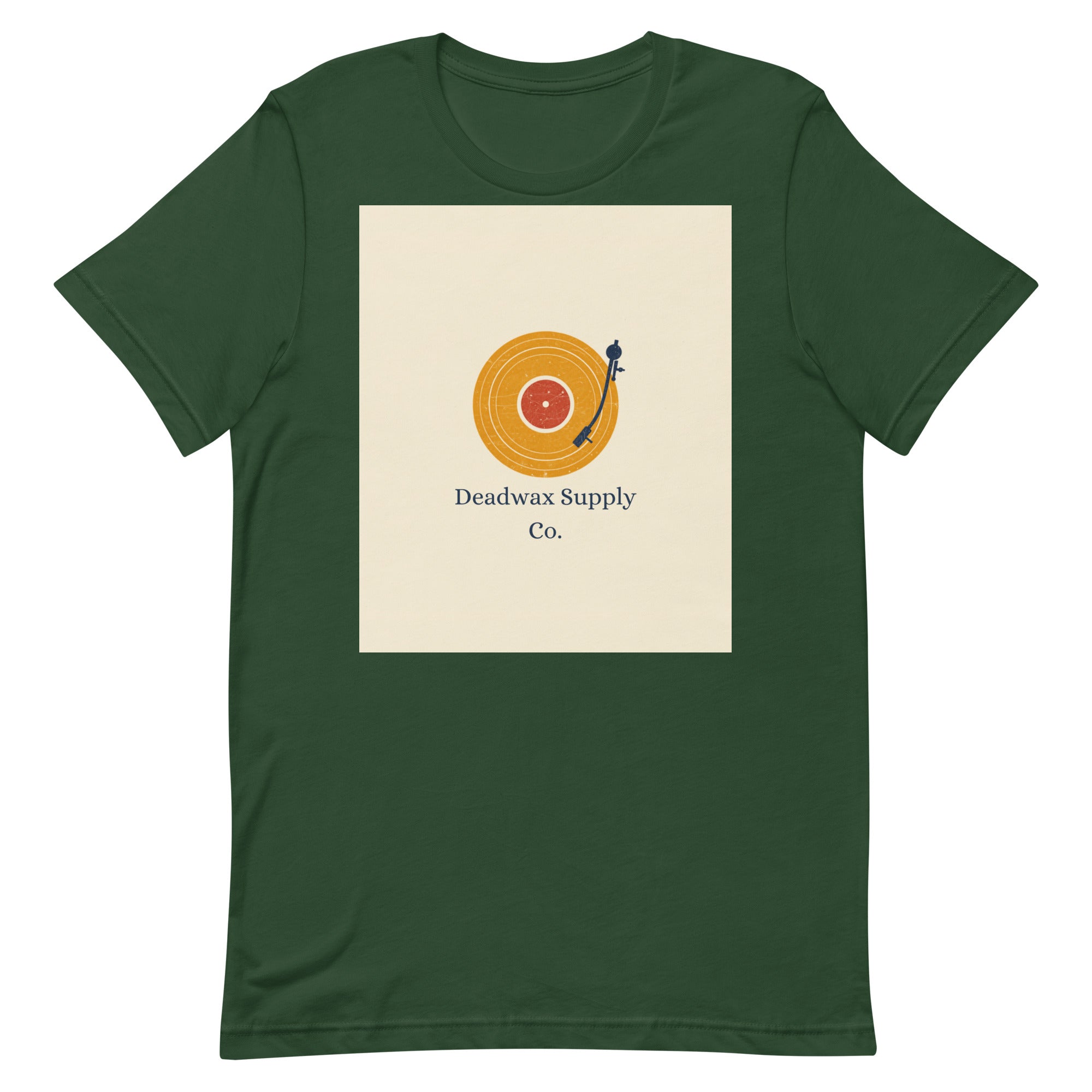 Deadwax Tonearm Tee in forest – vinyl record collector t-shirt with tonearm and record logo