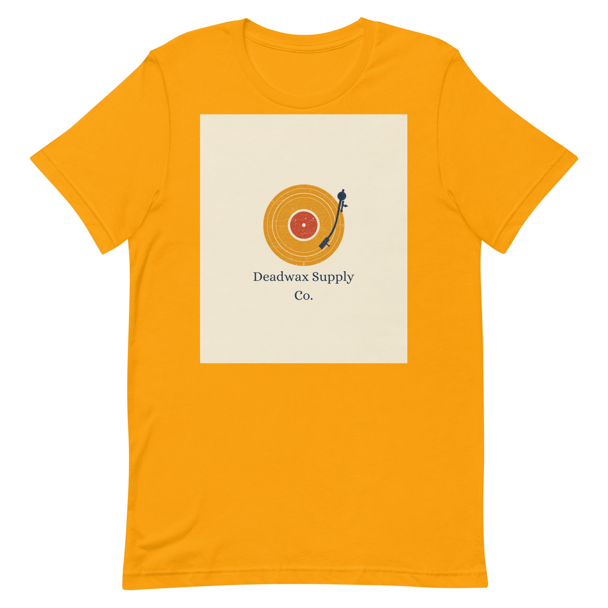 Deadwax Tonearm Tee in gold – vinyl record collector t-shirt with tonearm and record logo