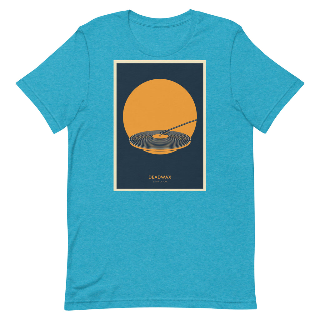 Deadwax Tonearm Tee in heather aqua – vinyl record collector t-shirt with tonearm and record logo