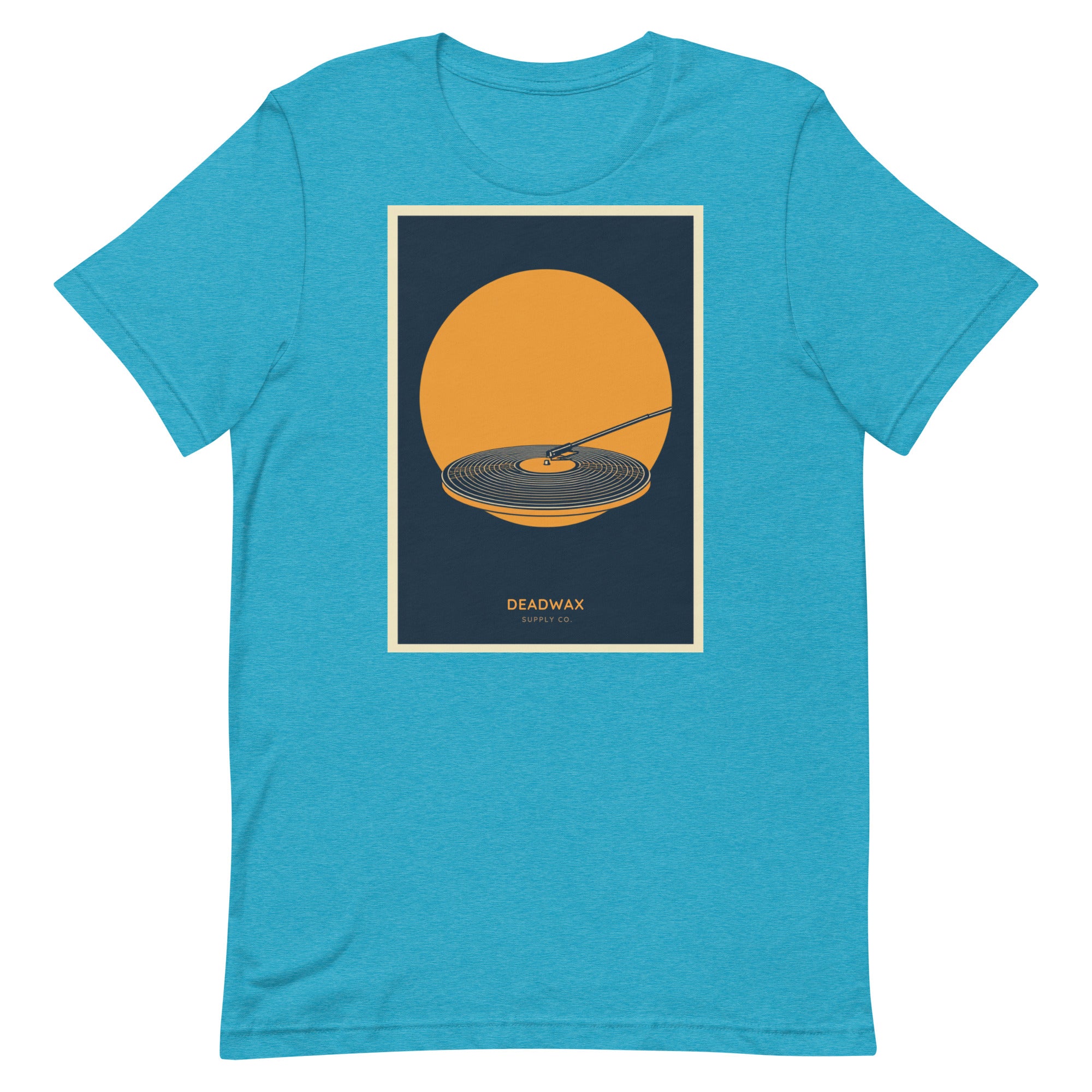 Deadwax Tonearm Tee in heather aqua – vinyl record collector t-shirt with tonearm and record logo
