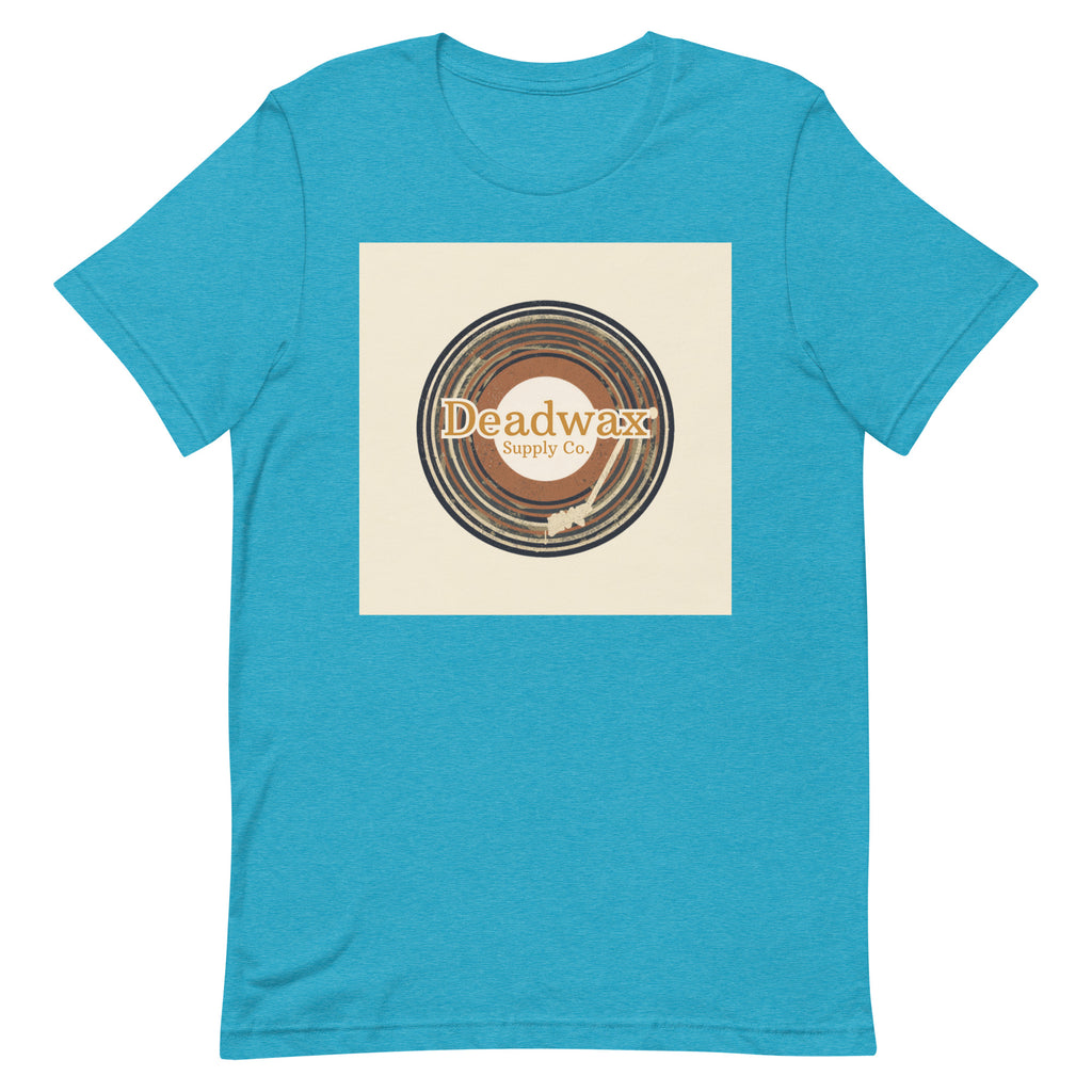 Deadwax Tonearm Tee in heather aqua – vinyl record collector t-shirt with tonearm and record logo