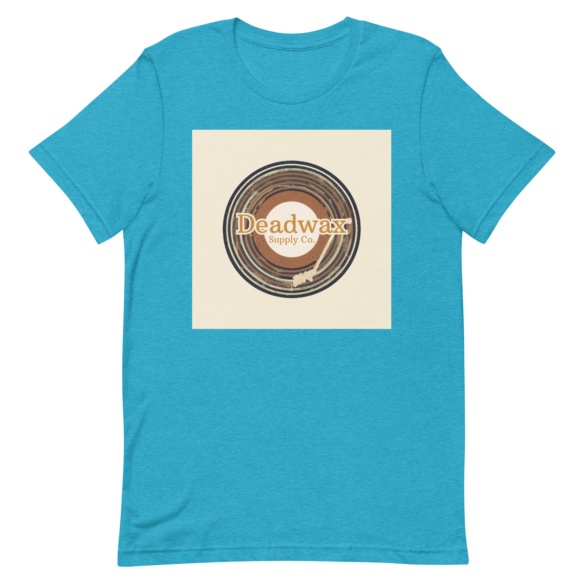 Deadwax Tonearm Tee in heather aqua – vinyl record collector t-shirt with tonearm and record logo