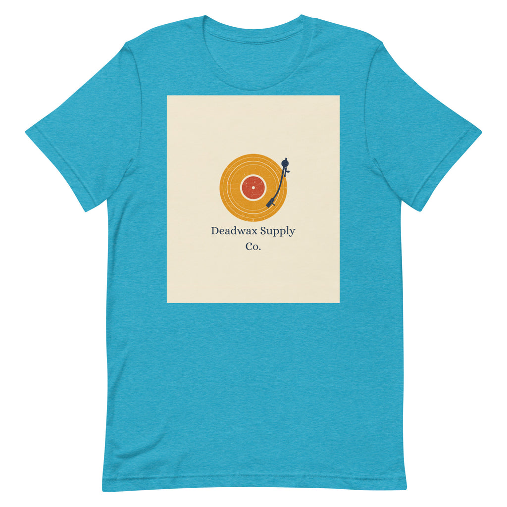 Deadwax Tonearm Tee in heather aqua – vinyl record collector t-shirt with tonearm and record logo