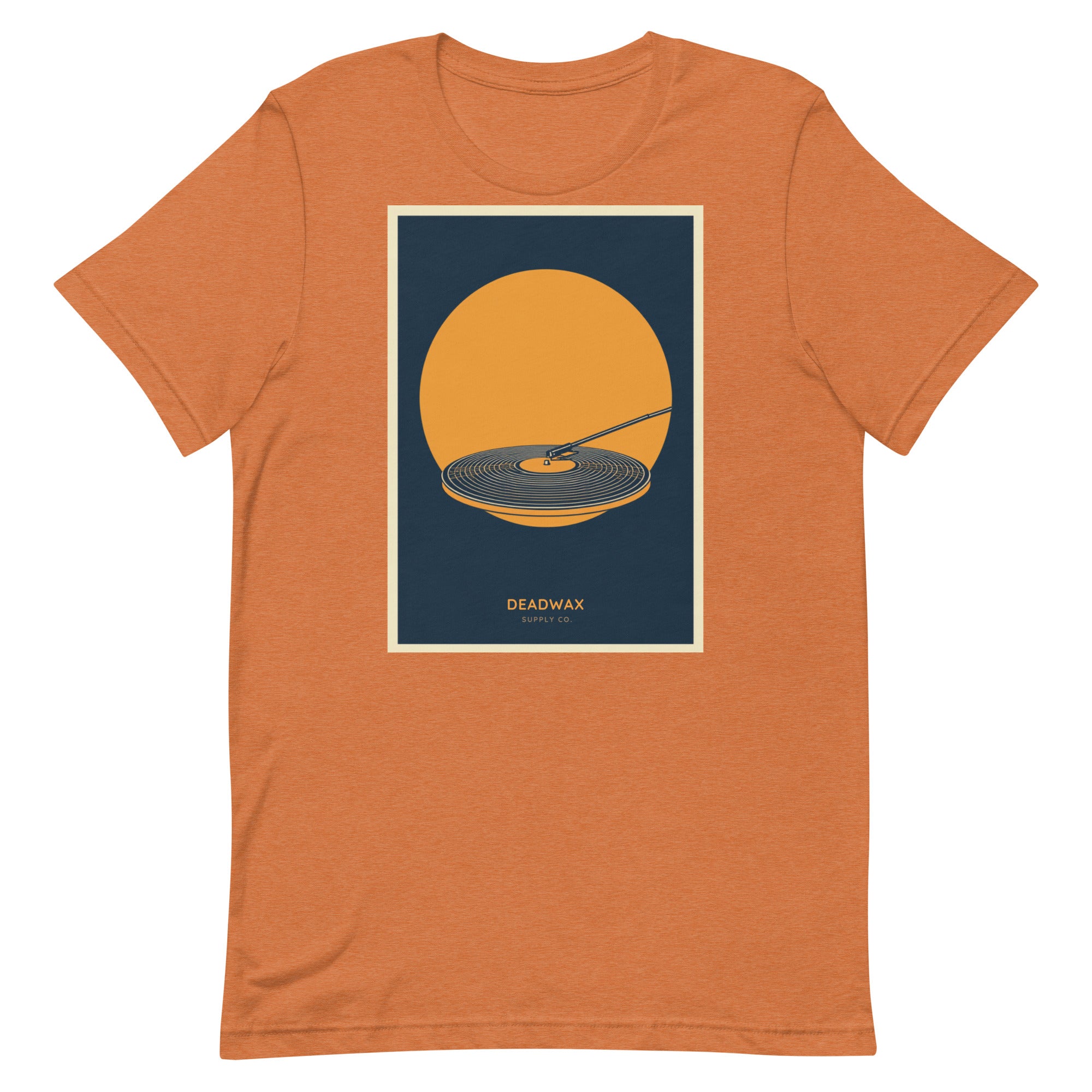Deadwax Tonearm Tee in heather autumn – vinyl record collector t-shirt with tonearm and record logo