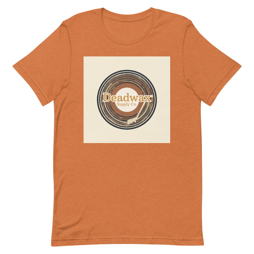 Deadwax Tonearm Tee in heather autumn – vinyl record collector t-shirt with tonearm and record logo