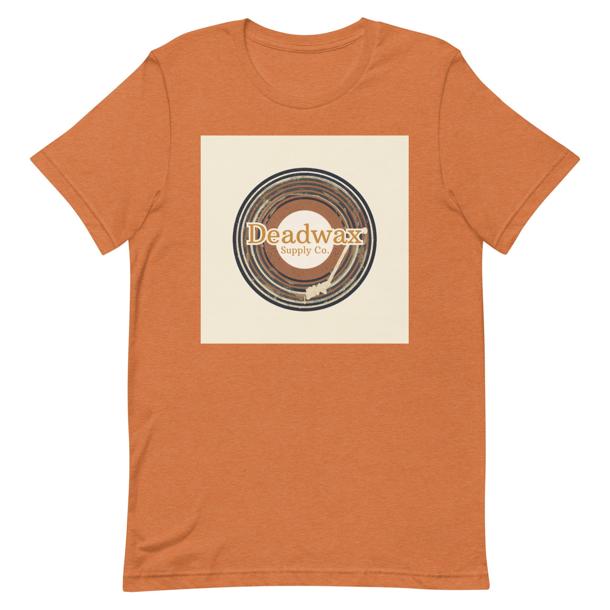 Deadwax Tonearm Tee in heather autumn – vinyl record collector t-shirt with tonearm and record logo