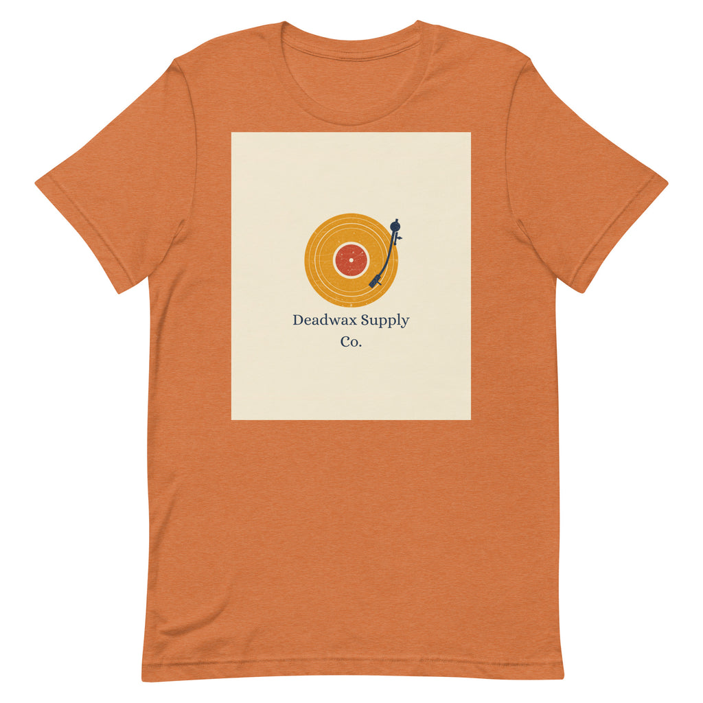Deadwax Tonearm Tee in heather autumn – vinyl record collector t-shirt with tonearm and record logo