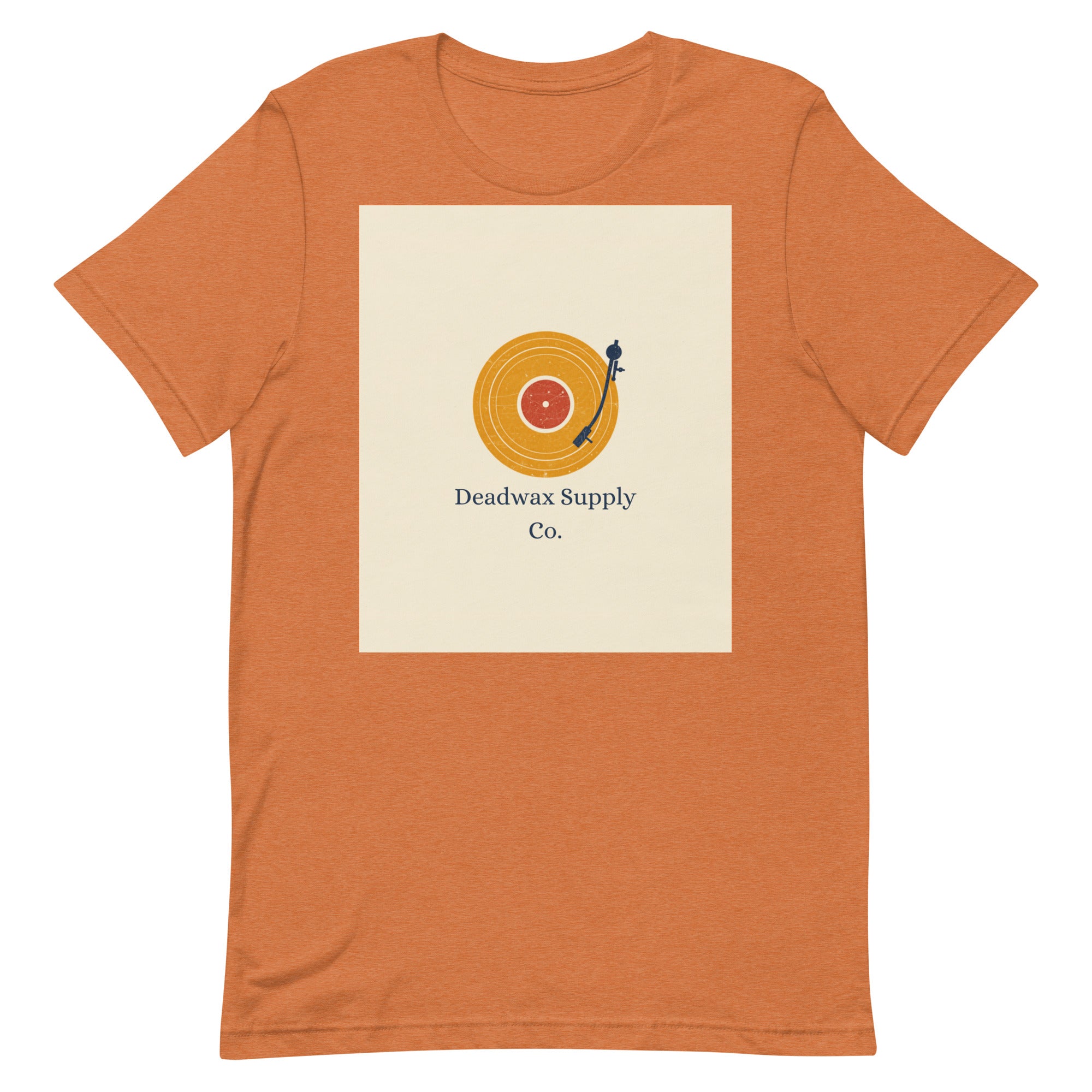 Deadwax Tonearm Tee in heather autumn – vinyl record collector t-shirt with tonearm and record logo