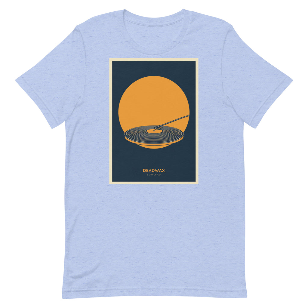 Deadwax Tonearm Tee in heather blue – vinyl record collector t-shirt with tonearm and record logo