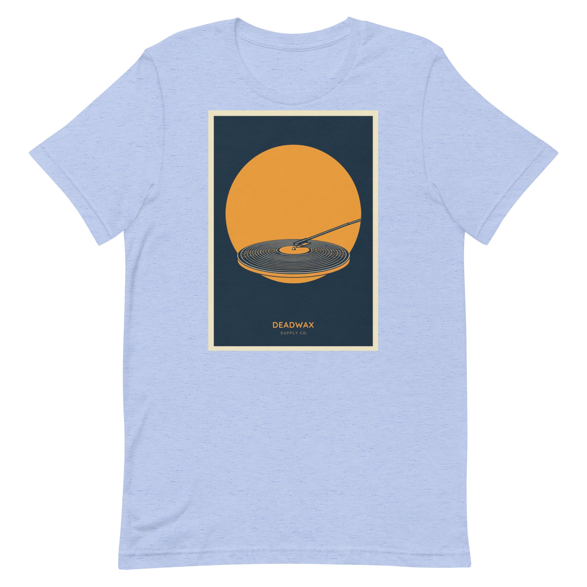 Deadwax Tonearm Tee in heather blue – vinyl record collector t-shirt with tonearm and record logo