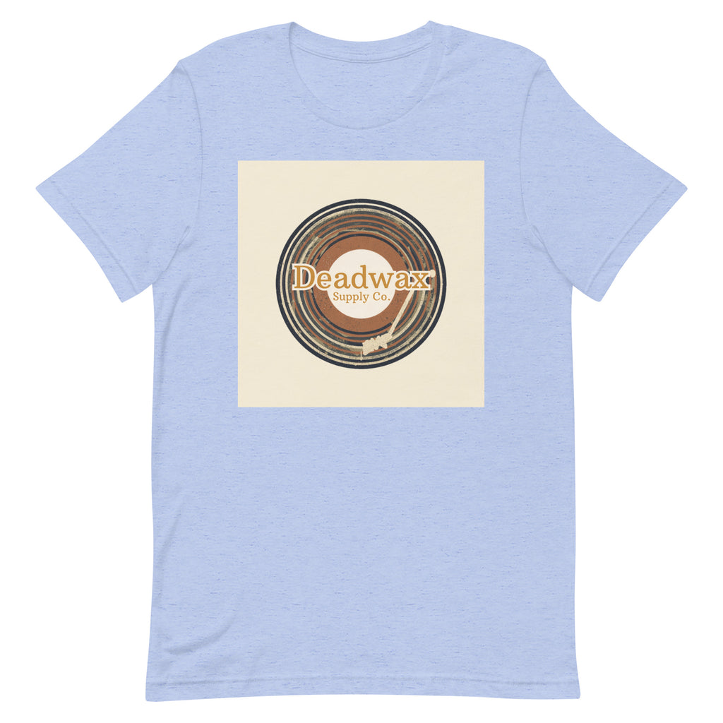 Deadwax Tonearm Tee in heather blue – vinyl record collector t-shirt with tonearm and record logo