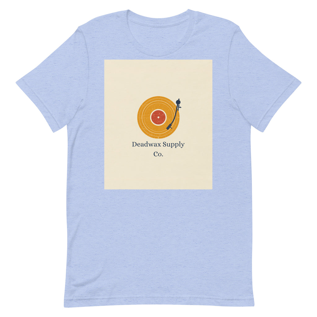 Deadwax Tonearm Tee in heather blue – vinyl record collector t-shirt with tonearm and record logo