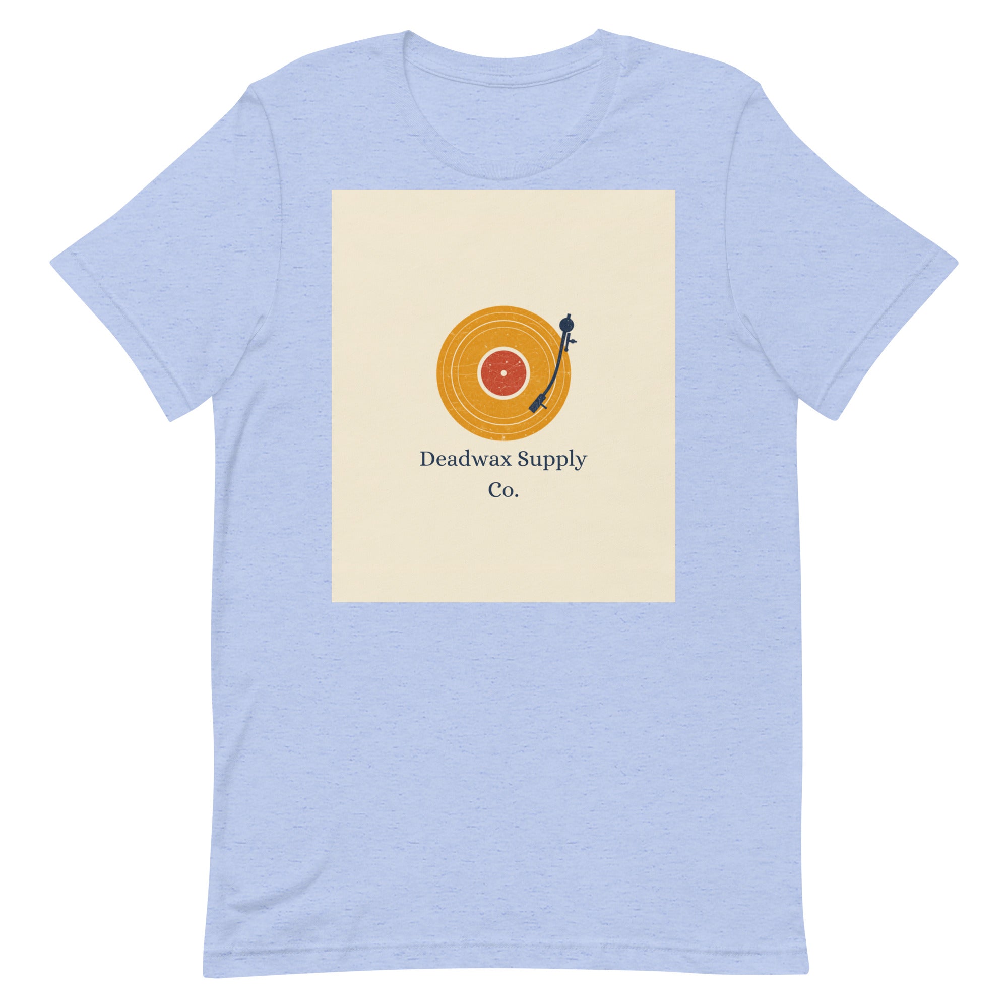 Deadwax Tonearm Tee in heather blue – vinyl record collector t-shirt with tonearm and record logo