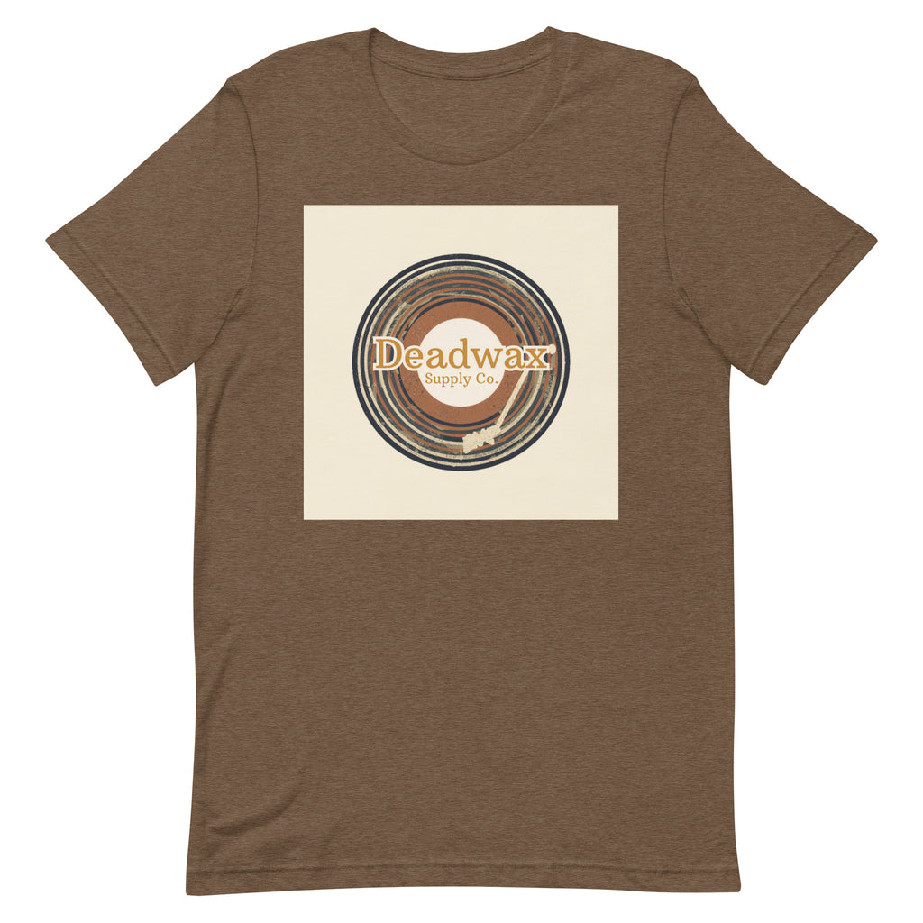 Deadwax Tonearm Tee in heather brown – vinyl record collector t-shirt with tonearm and record logo