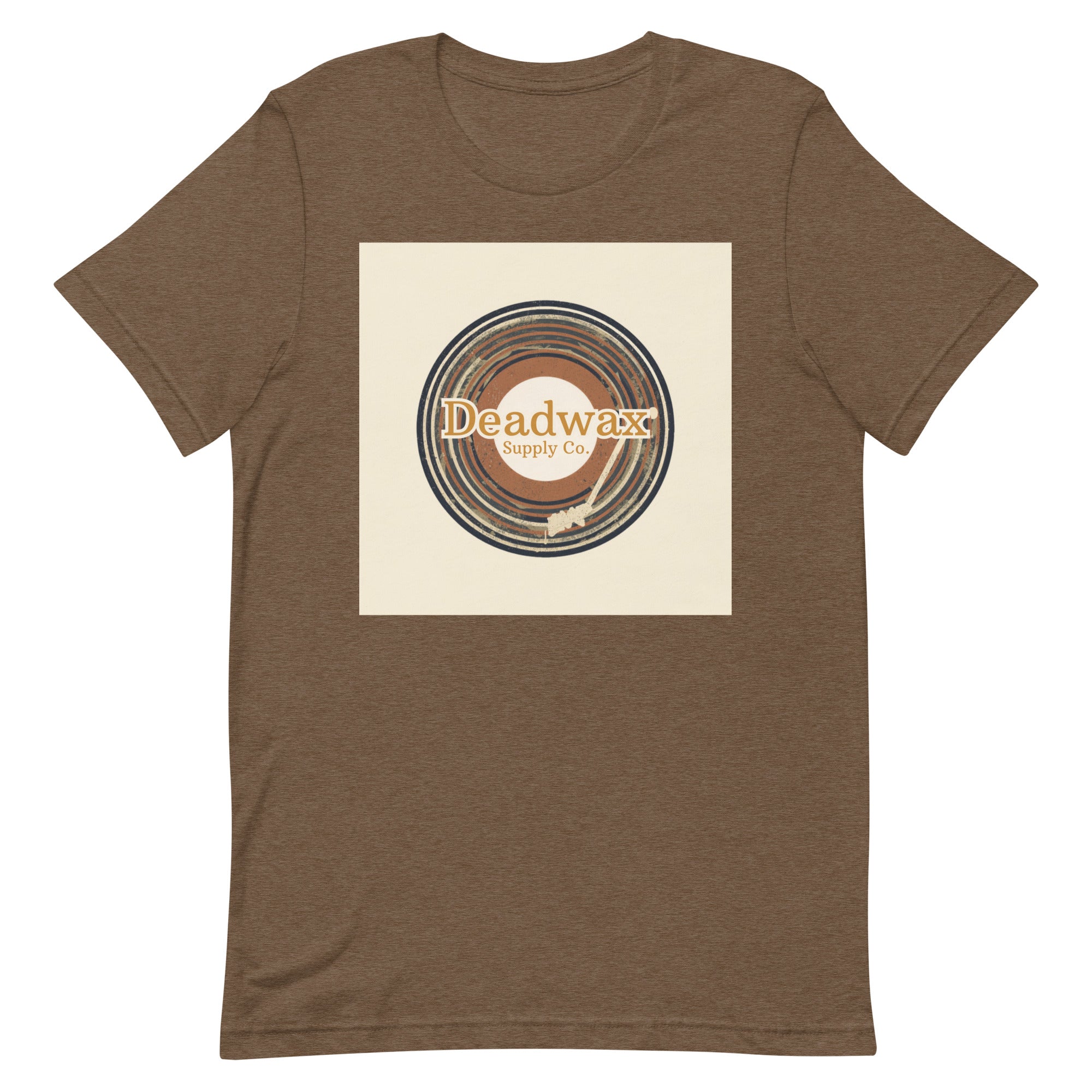 Deadwax Tonearm Tee in heather brown – vinyl record collector t-shirt with tonearm and record logo
