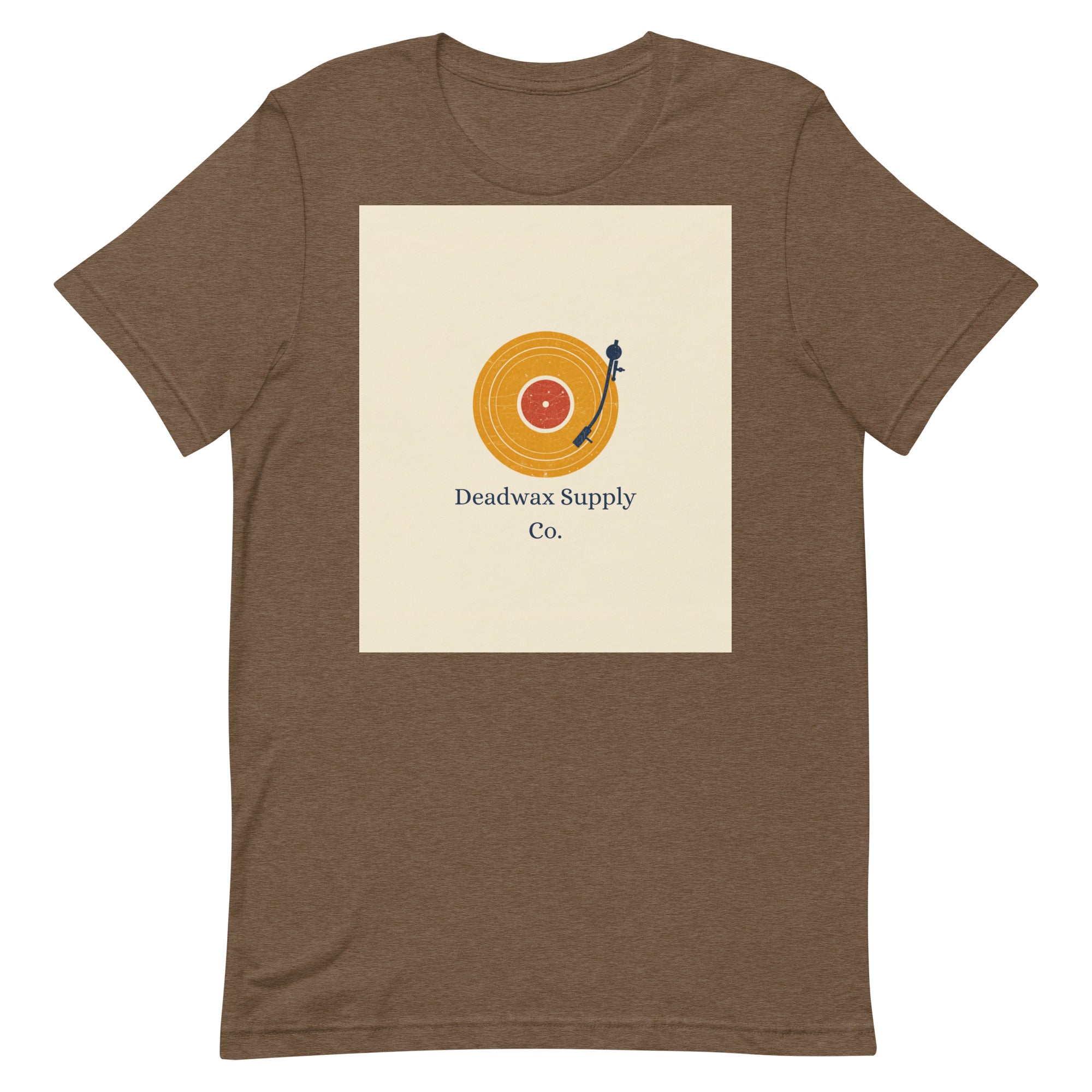 Deadwax Tonearm Tee in heather brown – vinyl record collector t-shirt with tonearm and record logo