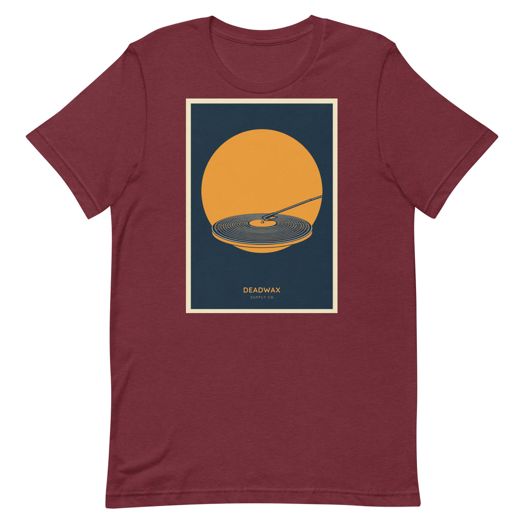 Deadwax Tonearm Tee in heather cardinal – vinyl record collector t-shirt with tonearm and record logo