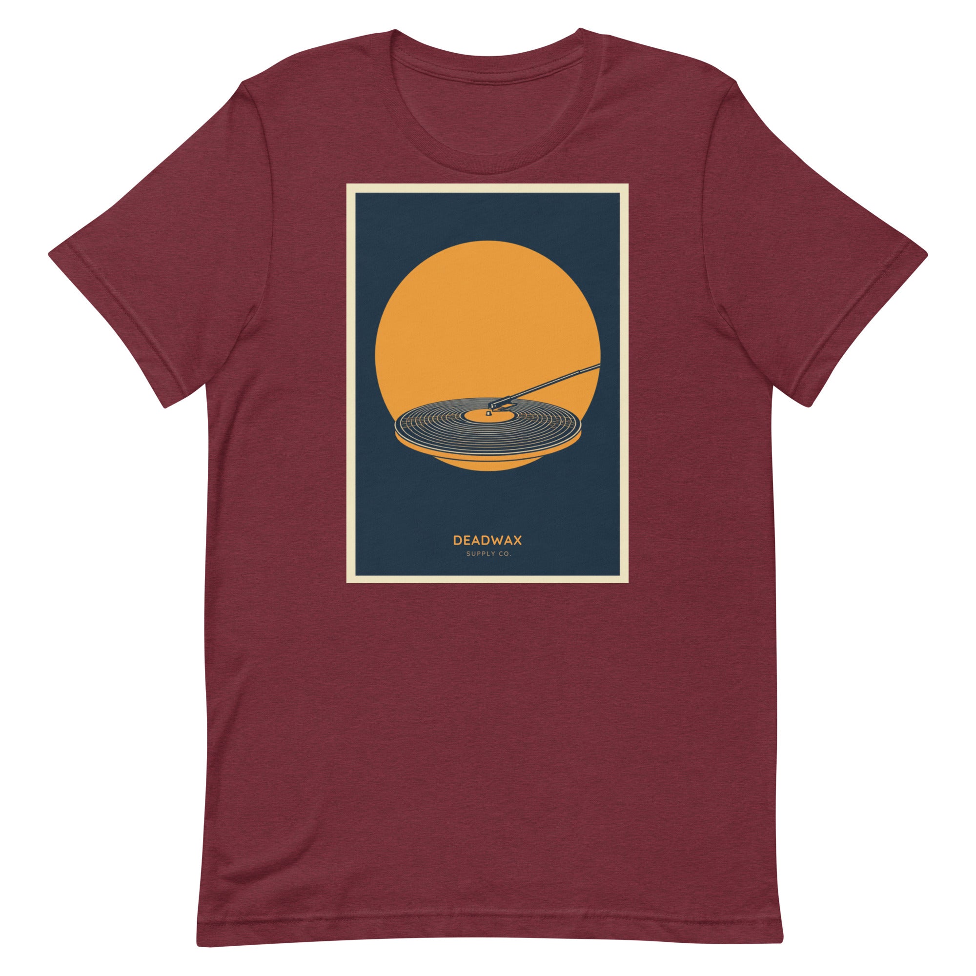 Deadwax Tonearm Tee in heather cardinal – vinyl record collector t-shirt with tonearm and record logo