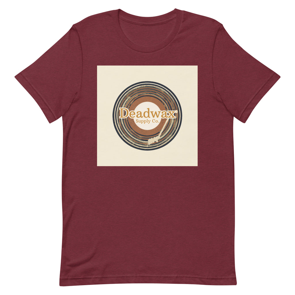 Deadwax Tonearm Tee in heather cardinal – vinyl record collector t-shirt with tonearm and record logo