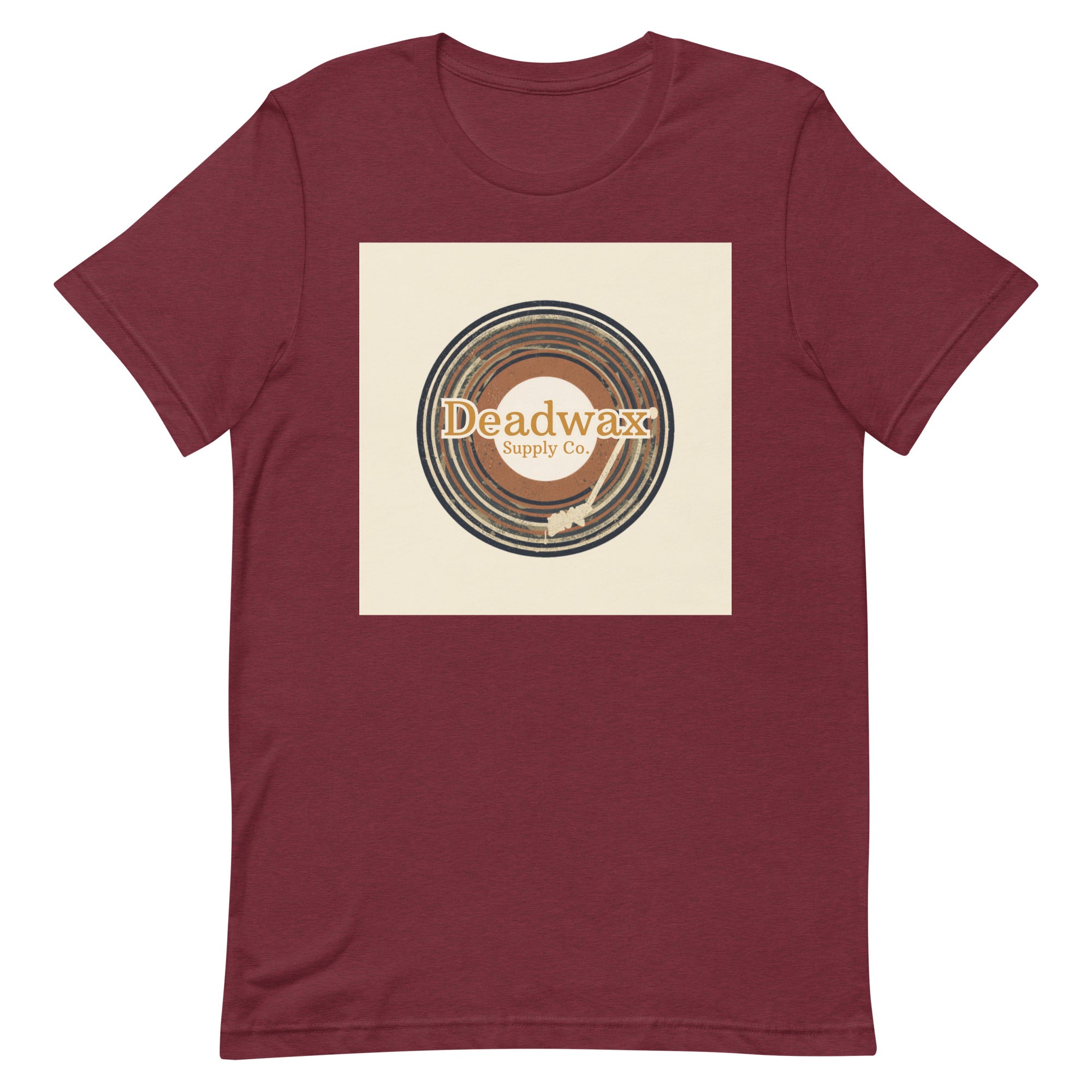 Deadwax Tonearm Tee in heather cardinal – vinyl record collector t-shirt with tonearm and record logo