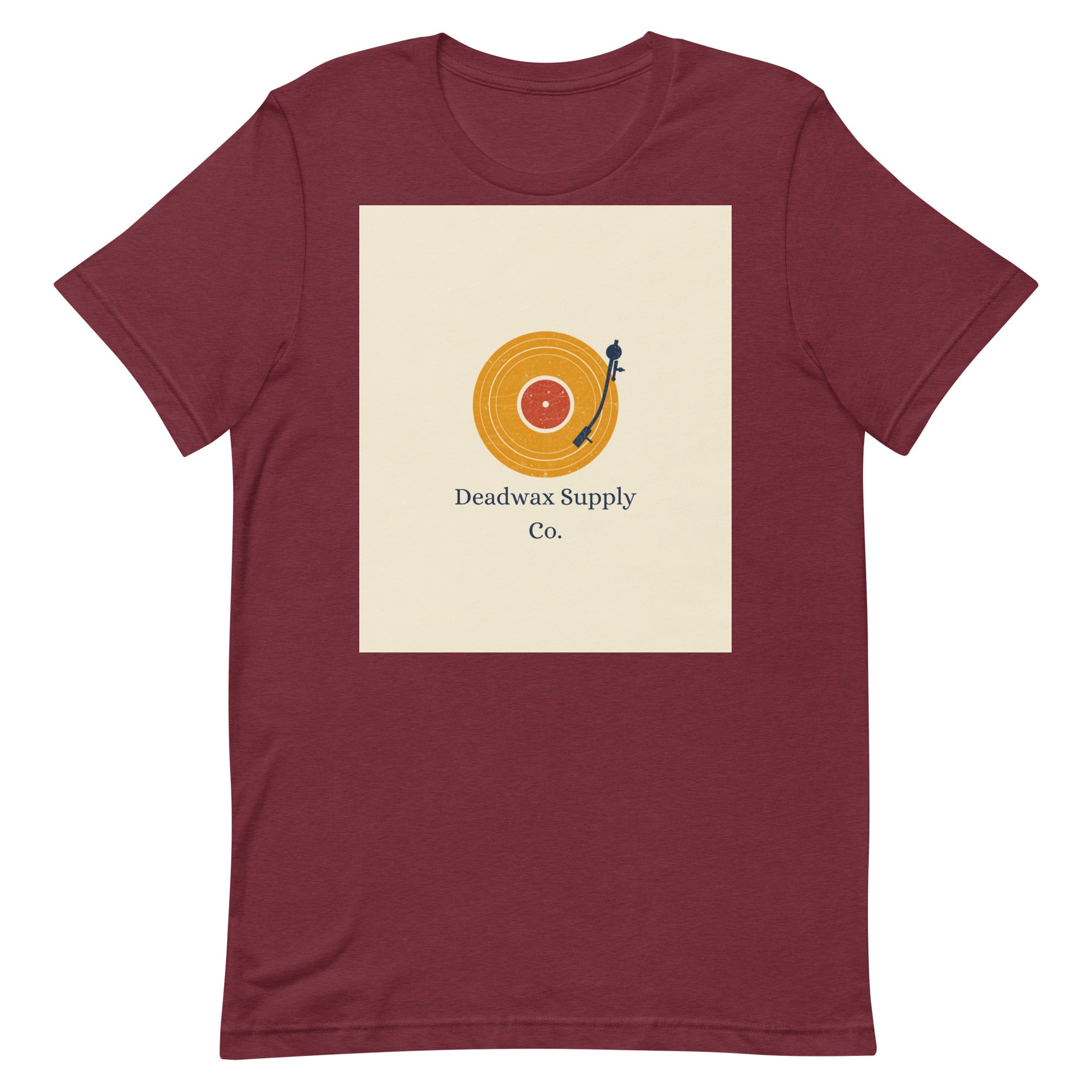 Deadwax Tonearm Tee in heather cardinal – vinyl record collector t-shirt with tonearm and record logo