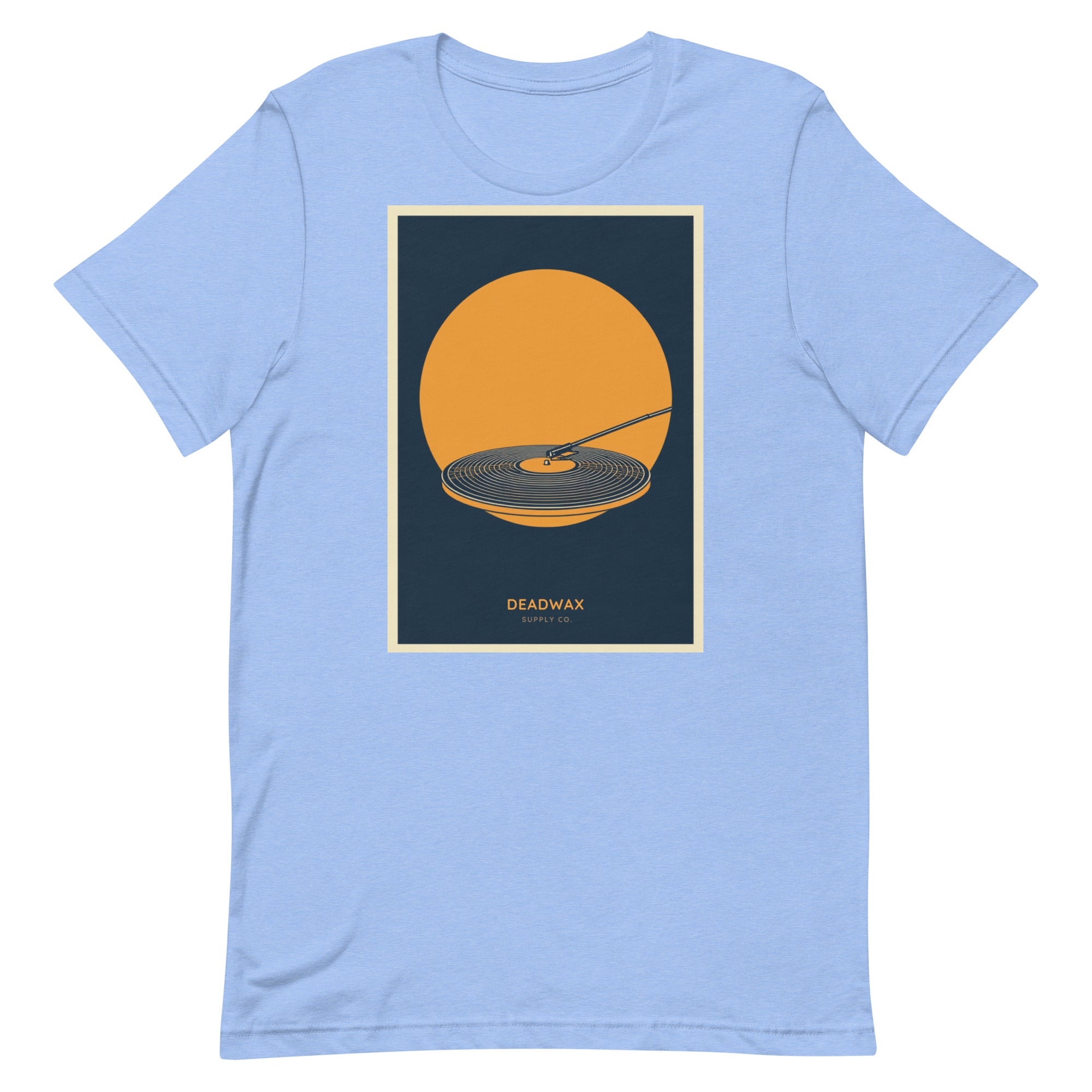 Deadwax Tonearm Tee in heather carolina blue – vinyl record collector t-shirt with tonearm and record logo