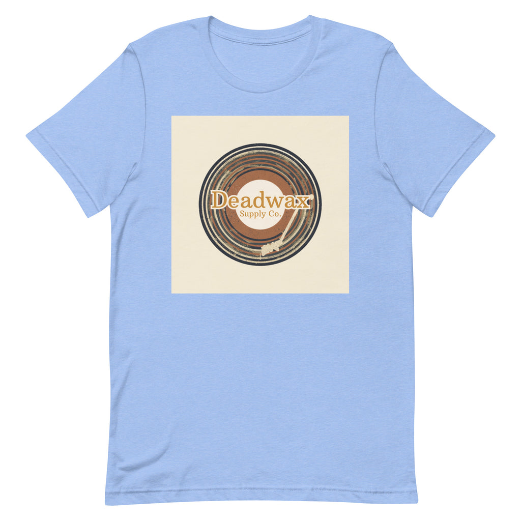 Deadwax Tonearm Tee in heather carolina blue – vinyl record collector t-shirt with tonearm and record logo