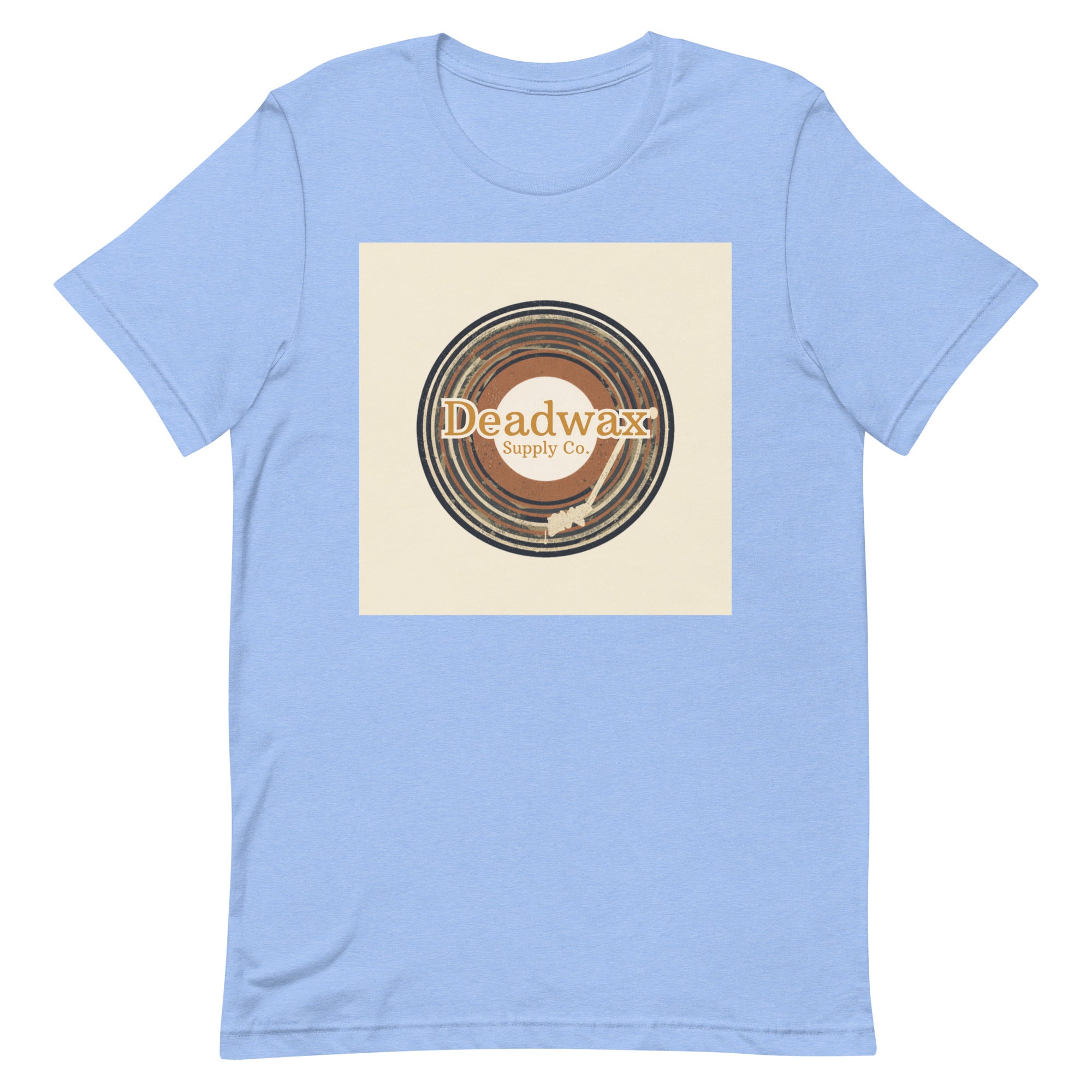 Deadwax Tonearm Tee in heather carolina blue – vinyl record collector t-shirt with tonearm and record logo