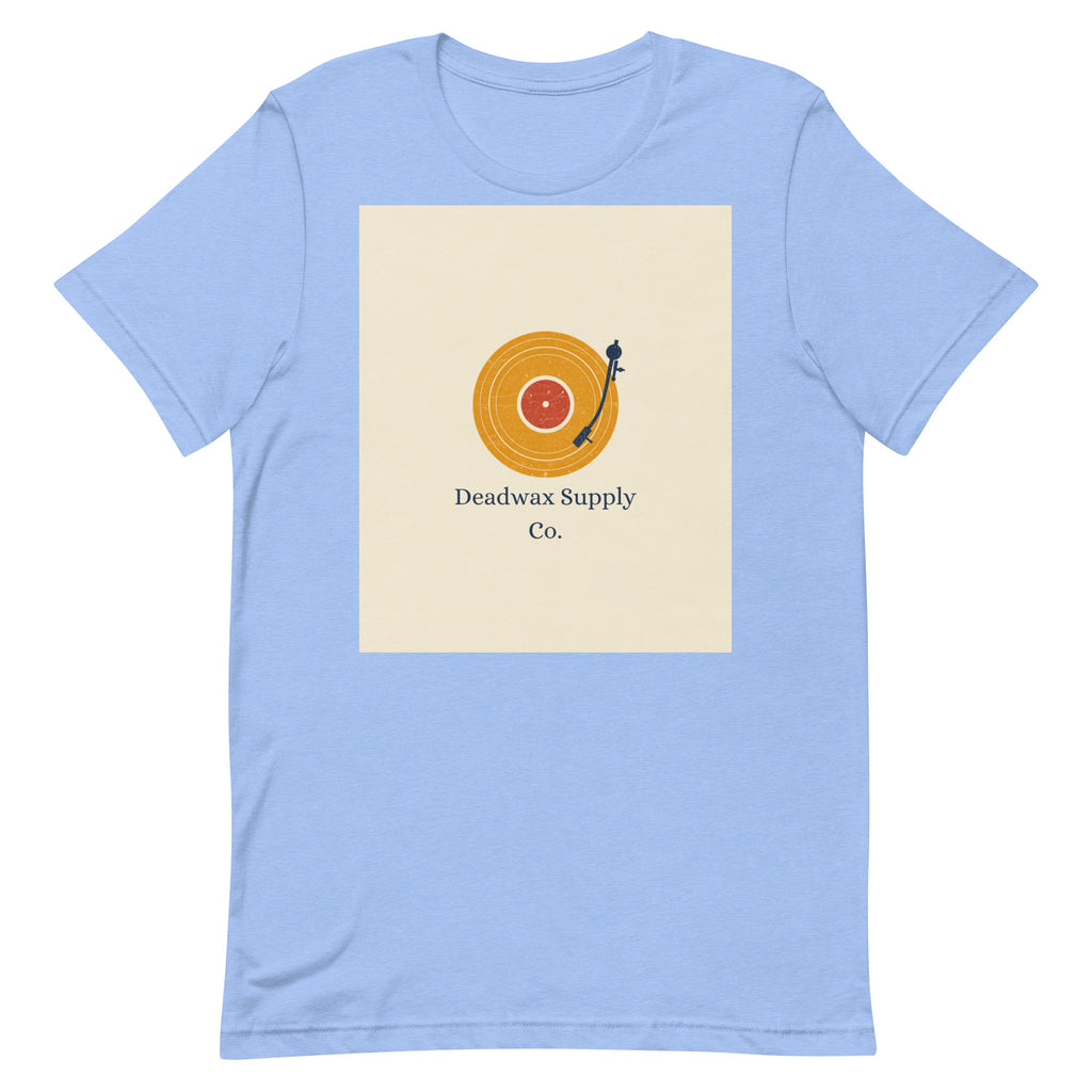 Deadwax Tonearm Tee in heather carolina blue – vinyl record collector t-shirt with tonearm and record logo