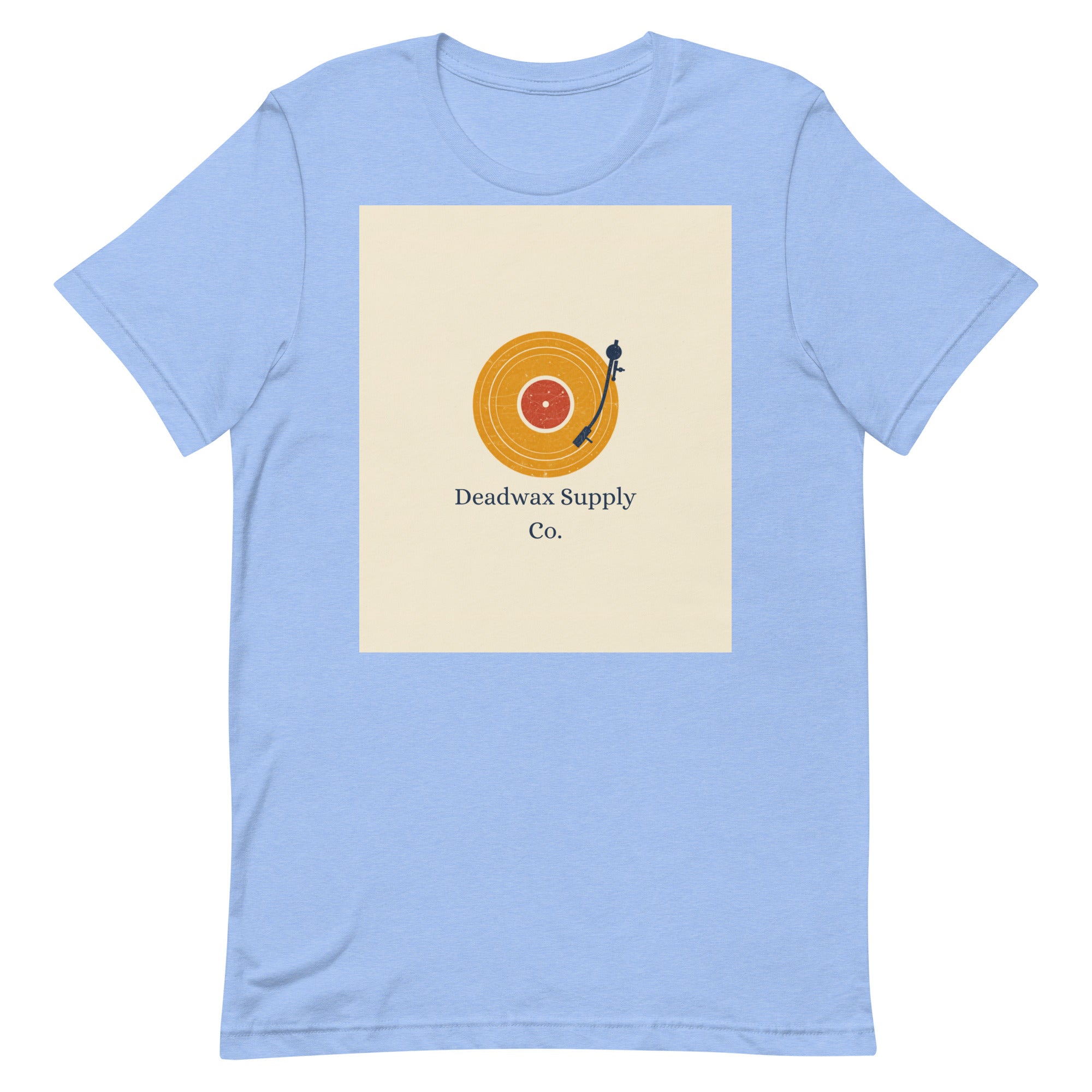 Deadwax Tonearm Tee in heather carolina blue – vinyl record collector t-shirt with tonearm and record logo