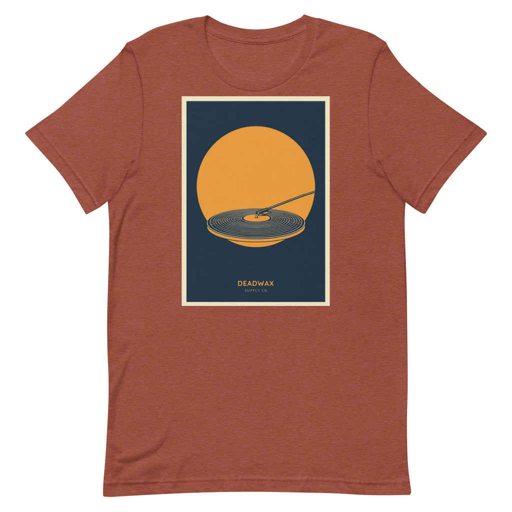 Deadwax Tonearm Tee in heather clay – vinyl record collector t-shirt with tonearm and record logo