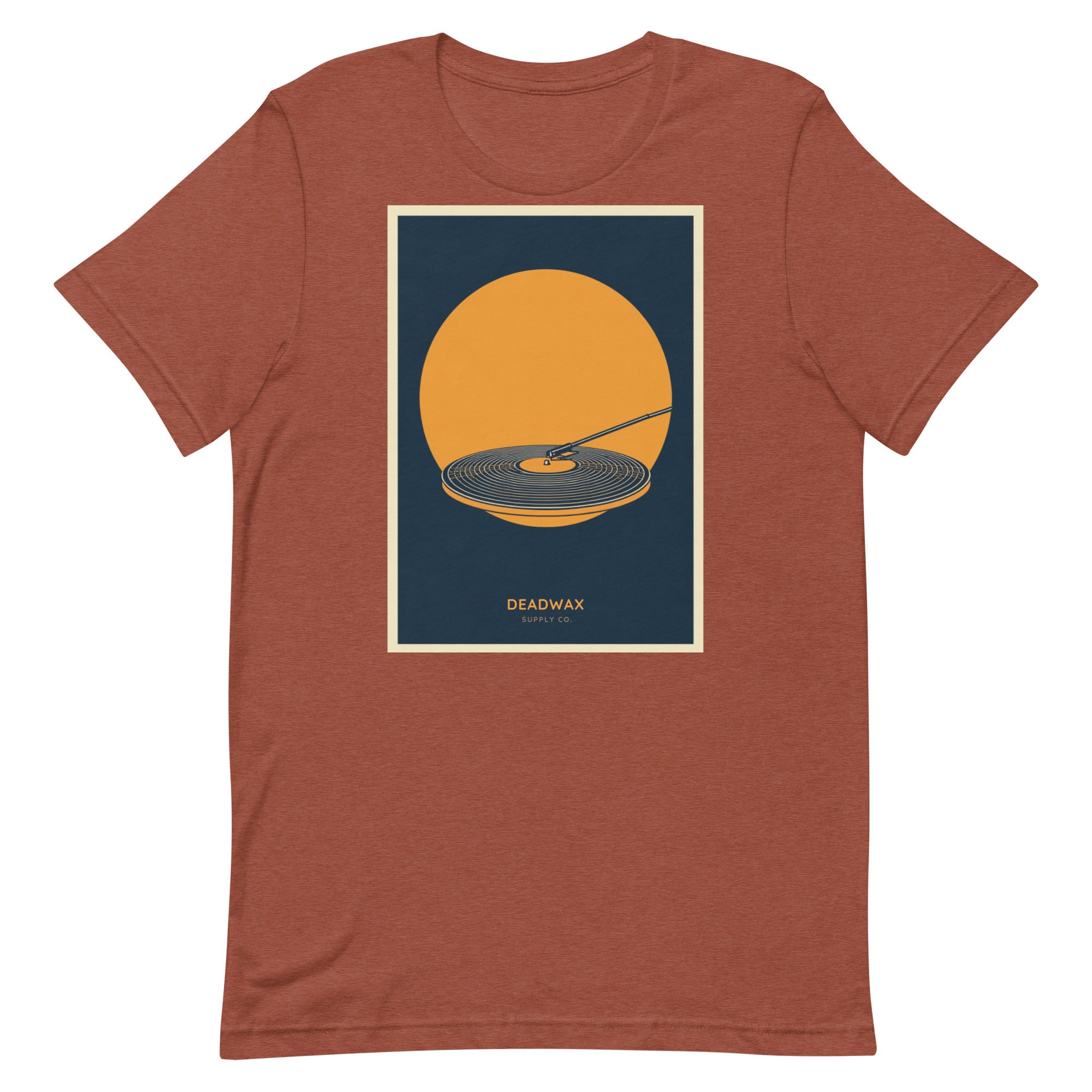 Deadwax Tonearm Tee in heather clay – vinyl record collector t-shirt with tonearm and record logo