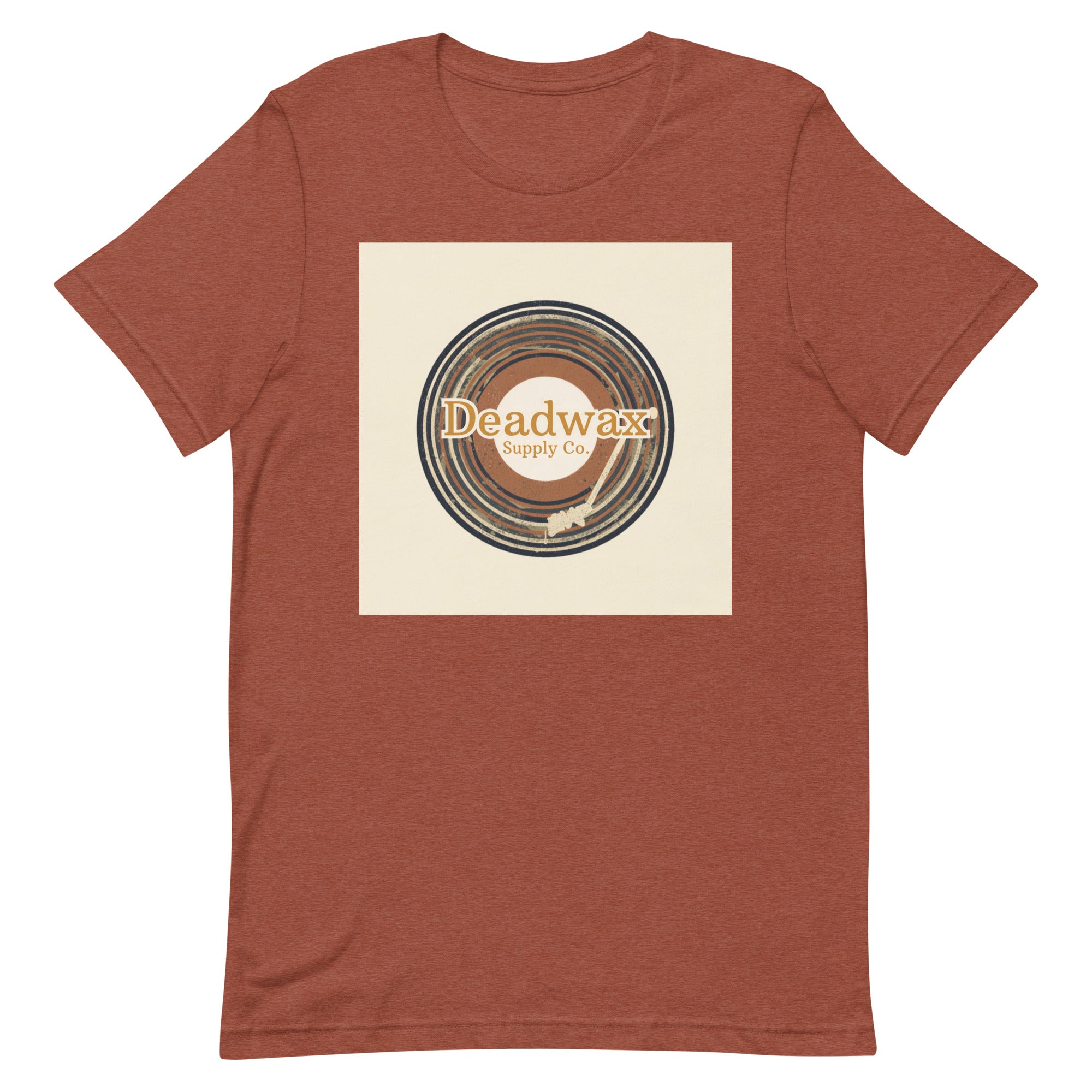 Deadwax Tonearm Tee in heather clay – vinyl record collector t-shirt with tonearm and record logo