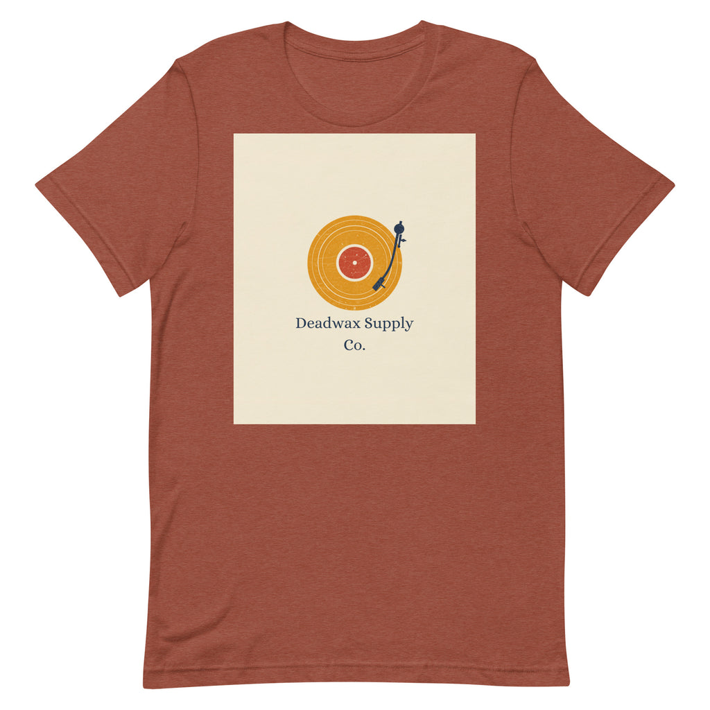 Deadwax Tonearm Tee in heather clay – vinyl record collector t-shirt with tonearm and record logo