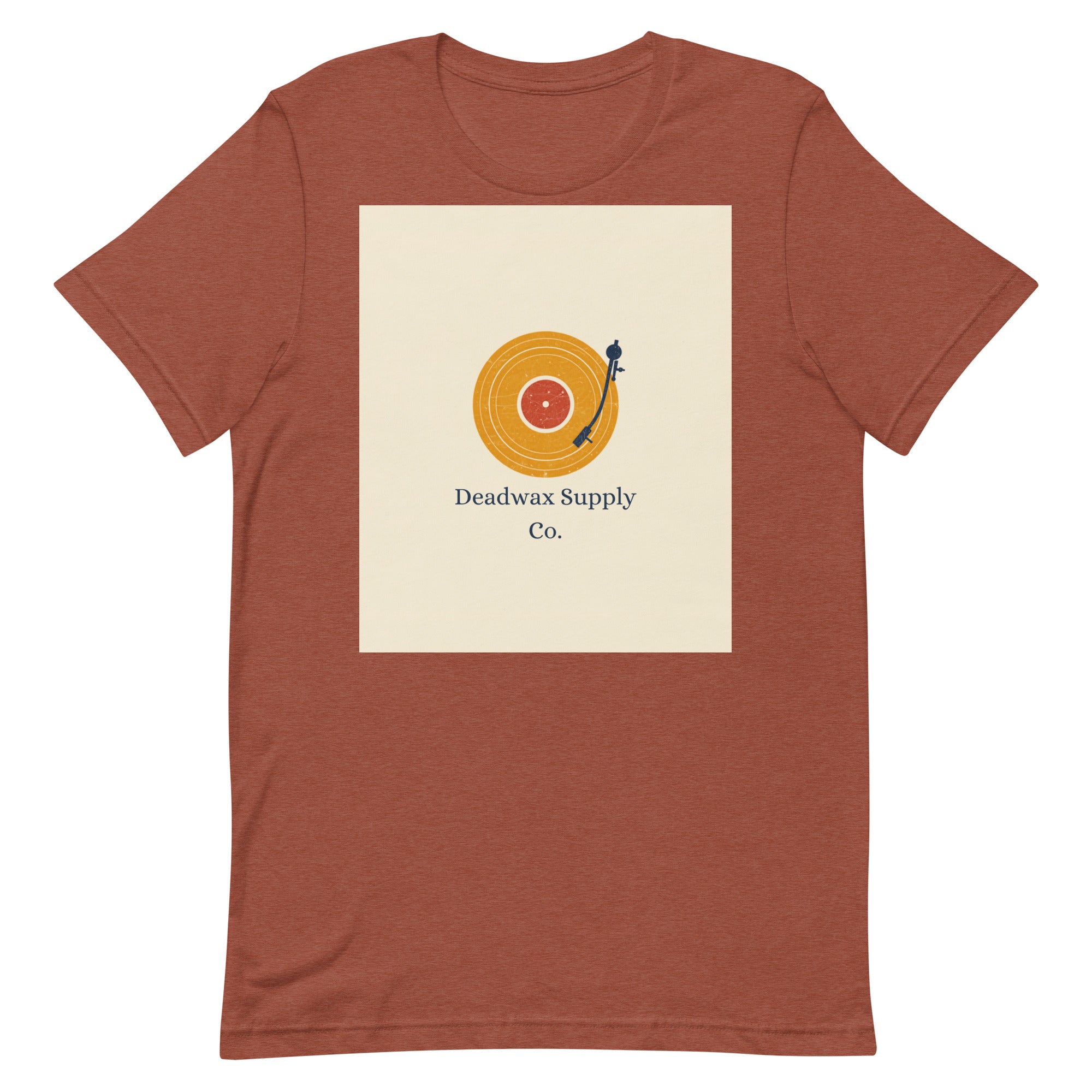 Deadwax Tonearm Tee in heather clay – vinyl record collector t-shirt with tonearm and record logo