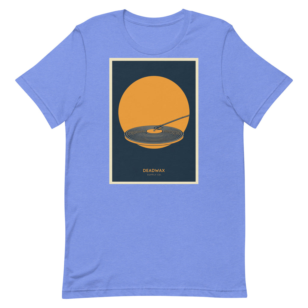 Deadwax Tonearm Tee in heather columbia blue – vinyl record collector t-shirt with tonearm and record logo