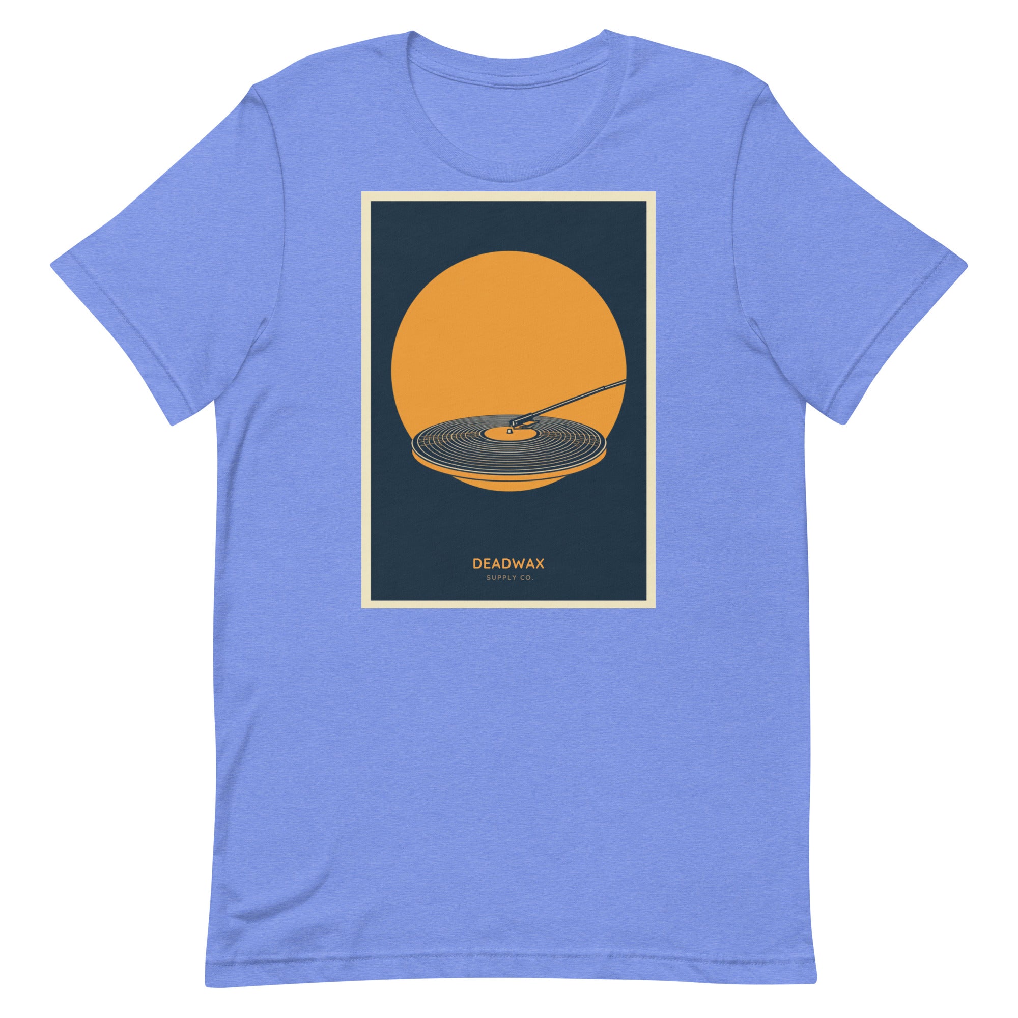 Deadwax Tonearm Tee in heather columbia blue – vinyl record collector t-shirt with tonearm and record logo