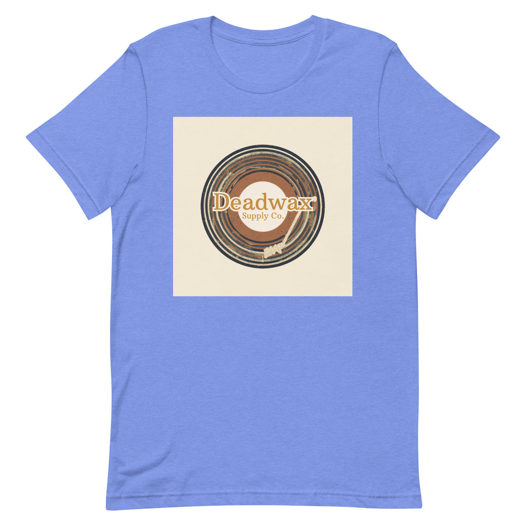Deadwax Tonearm Tee in heather columbia blue – vinyl record collector t-shirt with tonearm and record logo