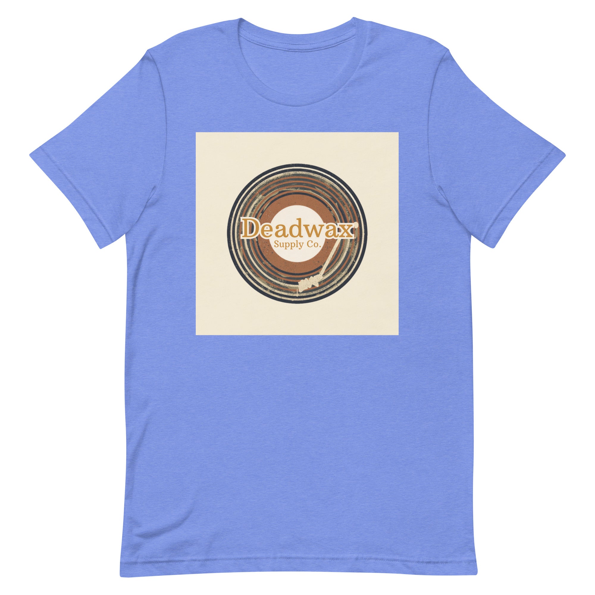 Deadwax Tonearm Tee in heather columbia blue – vinyl record collector t-shirt with tonearm and record logo