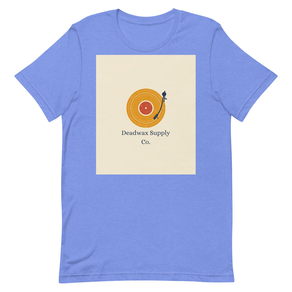 Deadwax Tonearm Tee in heather columbia blue – vinyl record collector t-shirt with tonearm and record logo