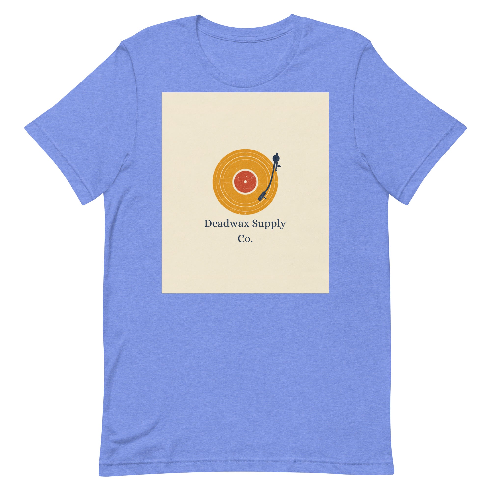 Deadwax Tonearm Tee in heather columbia blue – vinyl record collector t-shirt with tonearm and record logo