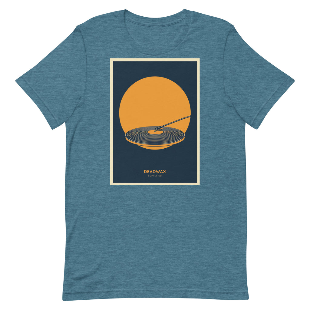 Deadwax Tonearm Tee in heather deep teal – vinyl record collector t-shirt with tonearm and record logo