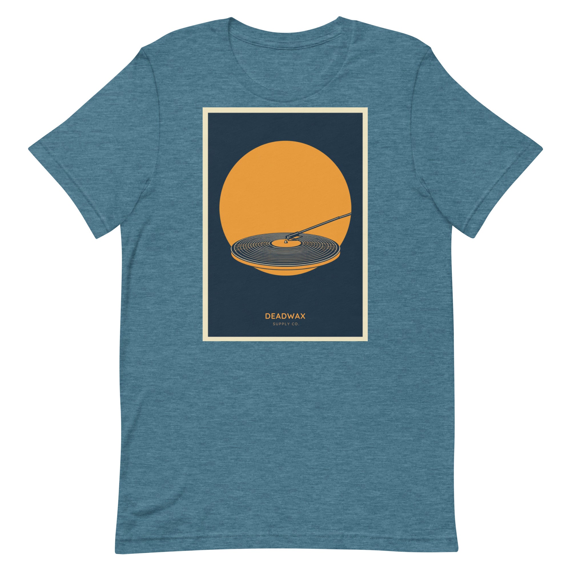 Deadwax Tonearm Tee in heather deep teal – vinyl record collector t-shirt with tonearm and record logo